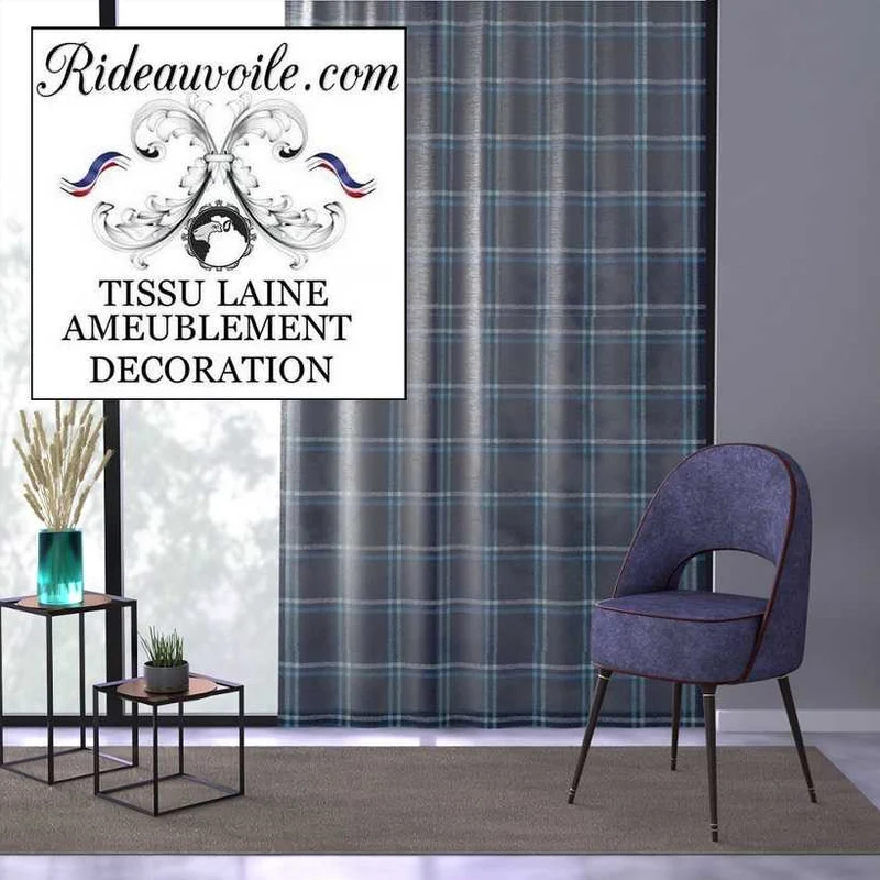 Tissu ameublement ignifugé Laine carreaux au mètre bleu confection rideaux