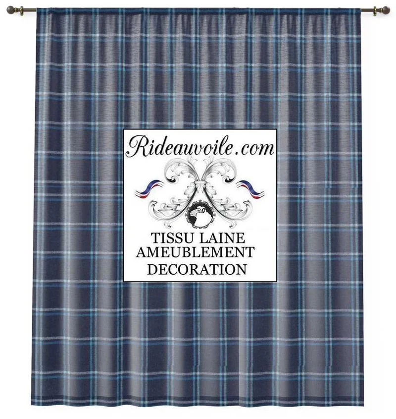 Tissu ameublement ignifugé Laine carreaux au mètre bleu confection rideaux
