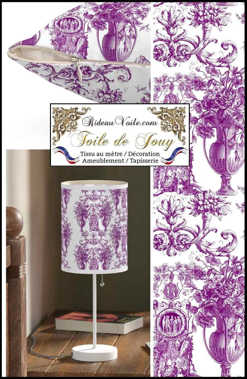 Toile de Jouy parme violet tissu ignifuge architecte hôtel restaurant mètre rideau voilage