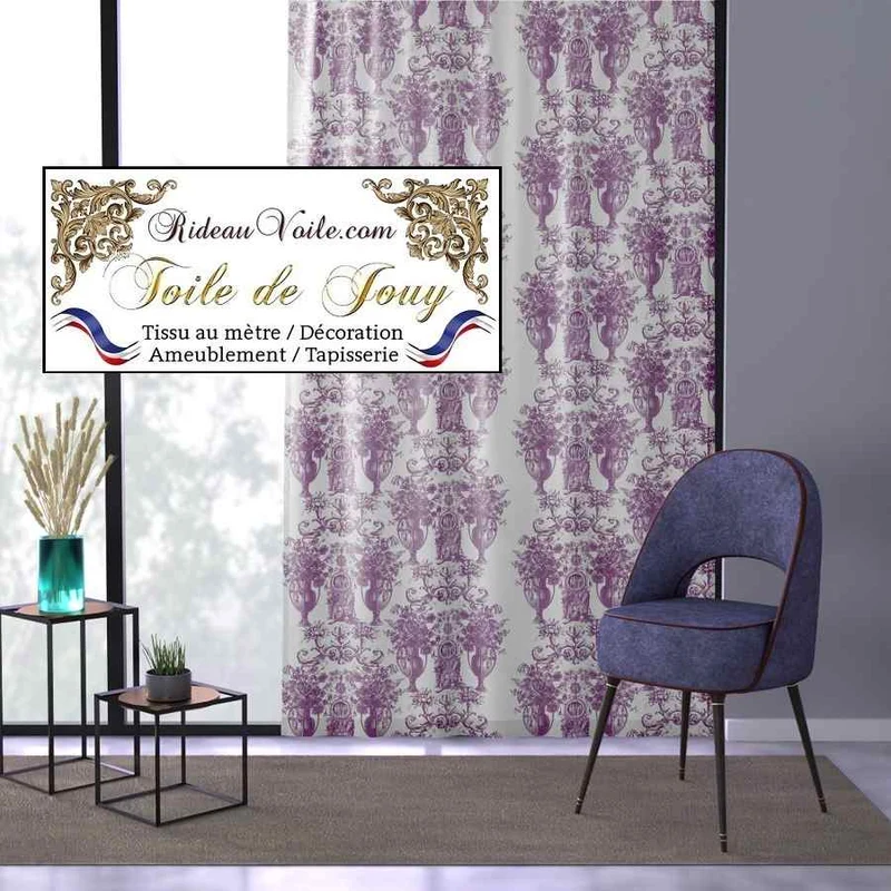Toile de Jouy parme violet tissu ignifuge architecte hôtel restaurant mètre rideau voilage