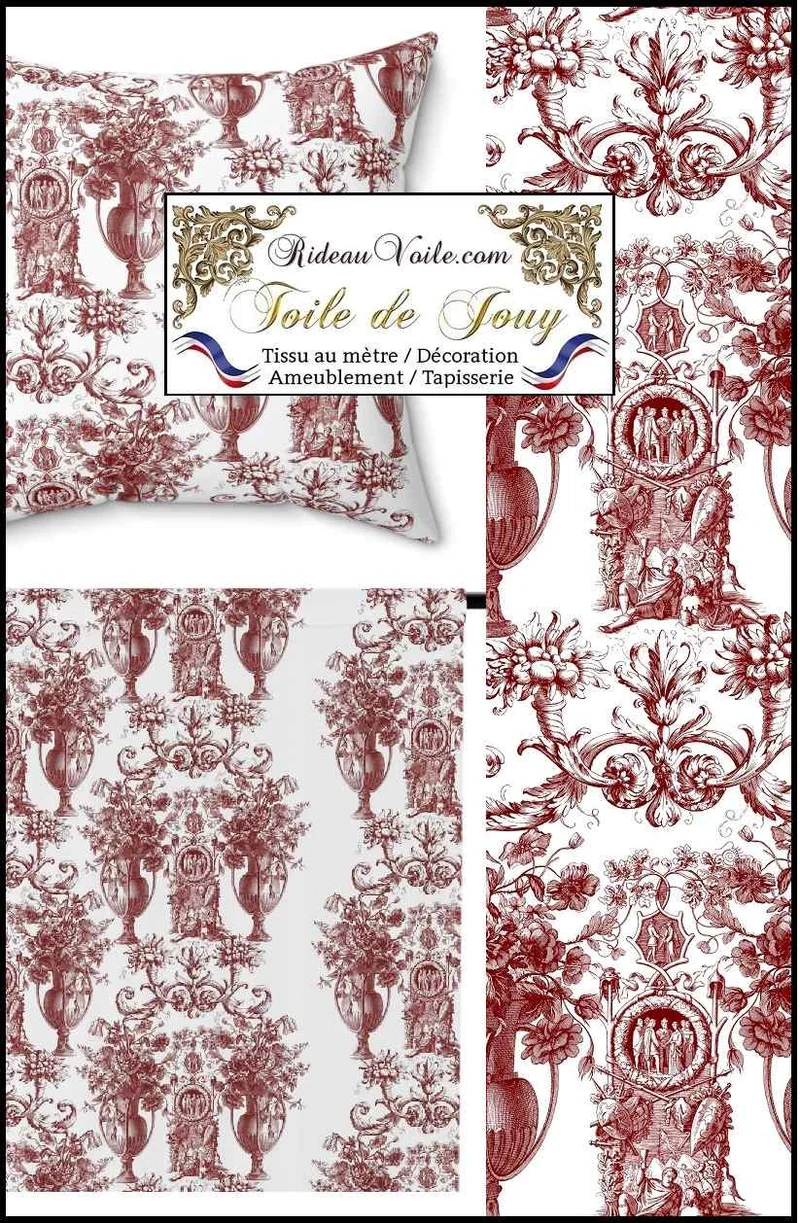 Tissu ancien Toile de Jouy rouge ameublement mètre couture rideau voilage