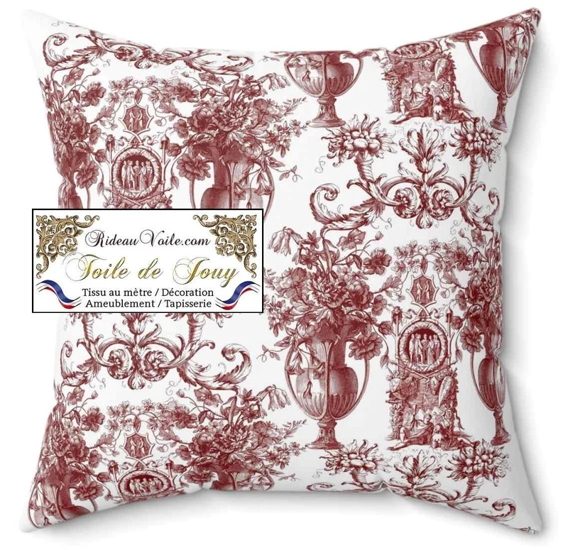 Tissu ancien Toile de Jouy rouge ameublement mètre couture rideau voilage