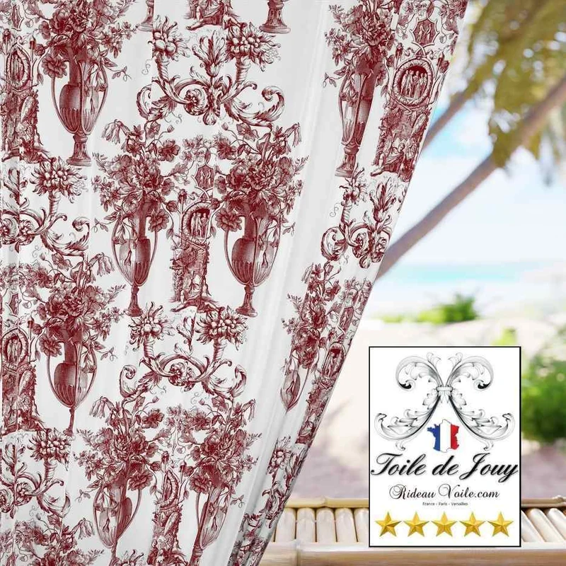 Tissu ancien Toile de Jouy rouge ameublement mètre couture rideau voilage