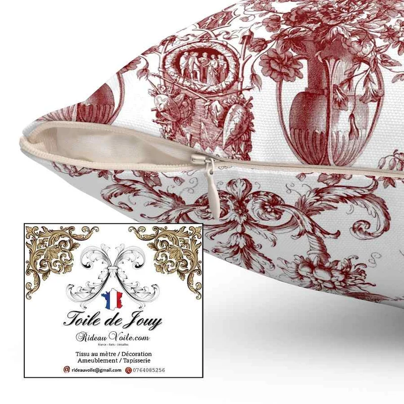 Tissu ancien Toile de Jouy rouge ameublement mètre couture rideau voilage