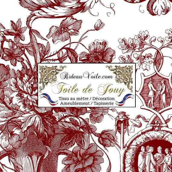 Tissu ancien Toile de Jouy rouge ameublement mètre couture rideau voilage