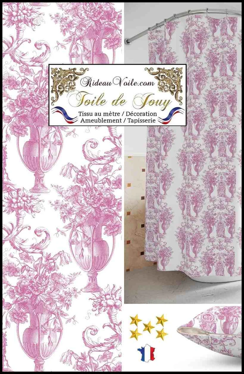 Décoration d'intérieur style tissu ancien Toile de Jouy rose mètre rideau voilage