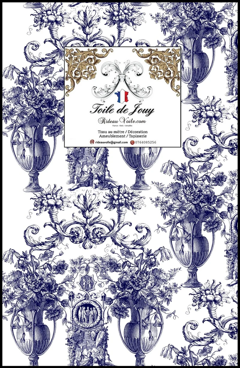 Éditeur textile ameublement imprimé Toile de Jouy bleu mètre rideau voilage tapisserie