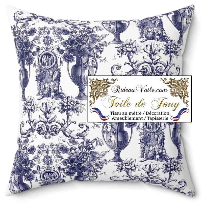 Éditeur textile ameublement imprimé Toile de Jouy bleu mètre rideau voilage tapisserie