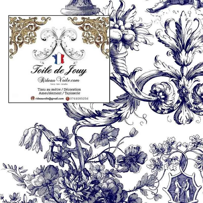 Éditeur textile ameublement imprimé Toile de Jouy bleu mètre rideau voilage tapisserie