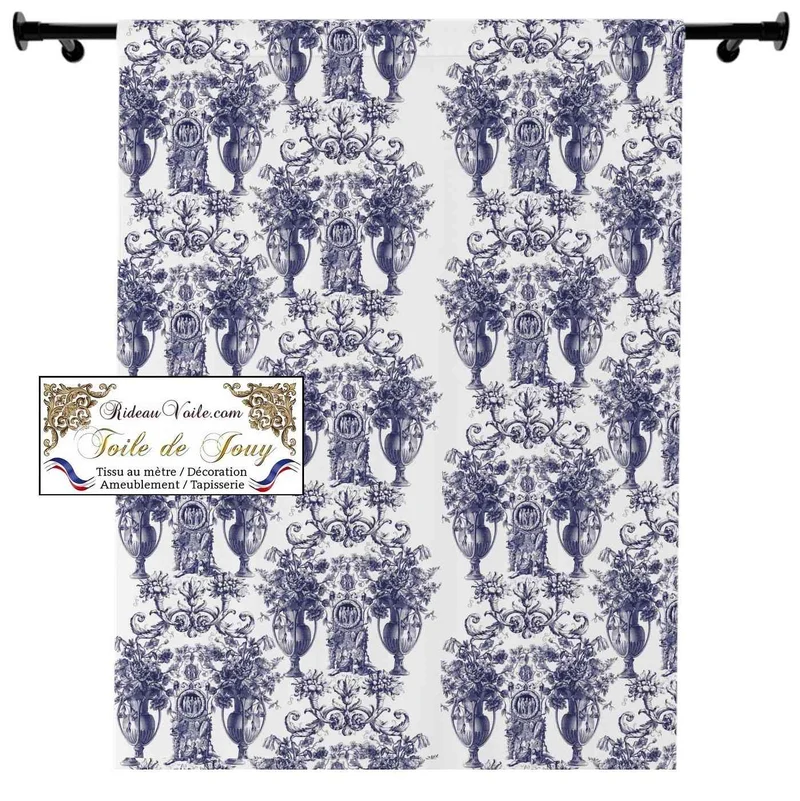 Éditeur textile ameublement imprimé Toile de Jouy bleu mètre rideau voilage tapisserie