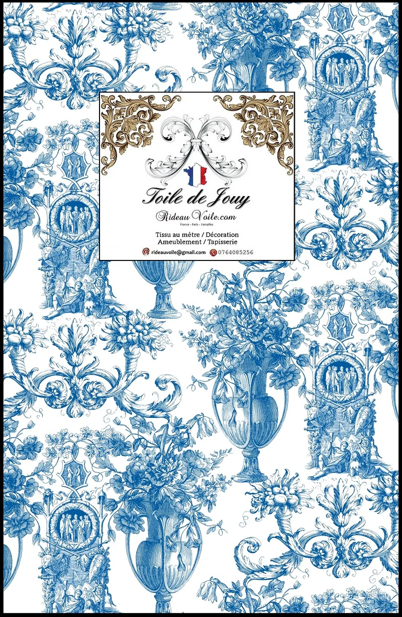 Tissu motif Toile de Jouy bleu ameublement mètre rideau voilage tapisserie