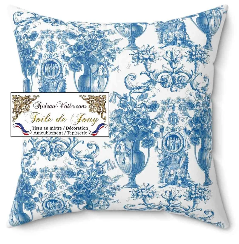 Tissu motif Toile de Jouy bleu ameublement mètre rideau voilage tapisserie