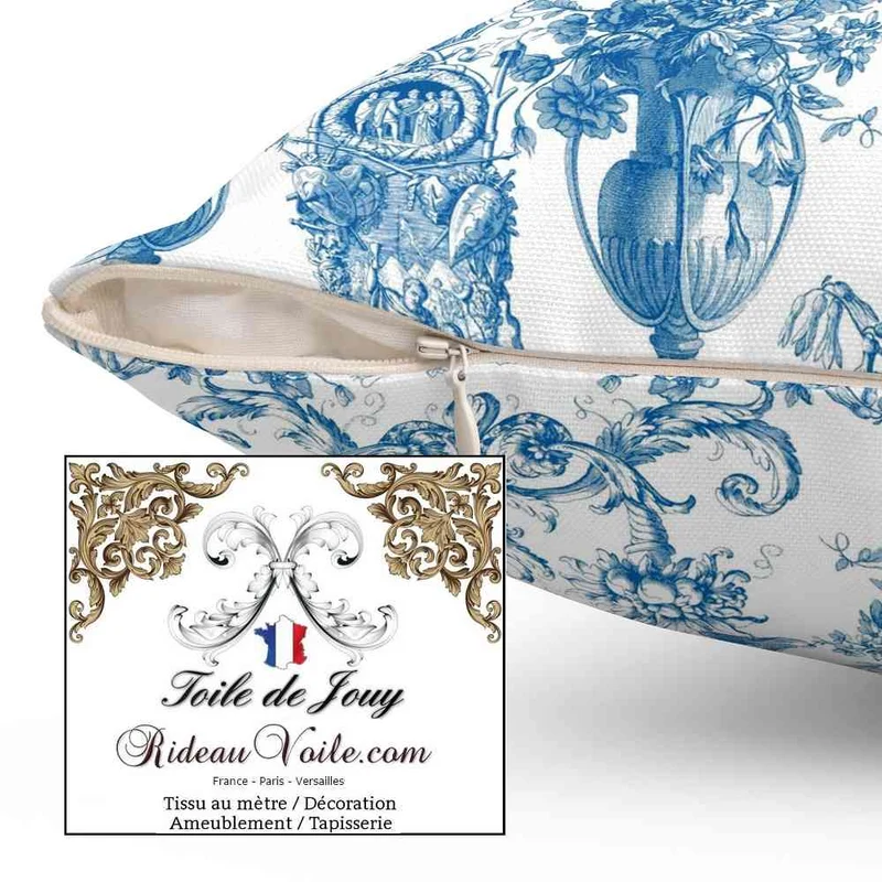 Tissu motif Toile de Jouy bleu ameublement mètre rideau voilage tapisserie