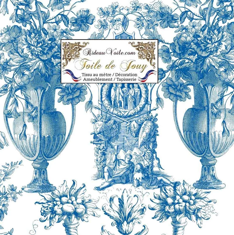 Tissu motif Toile de Jouy bleu ameublement mètre rideau voilage tapisserie