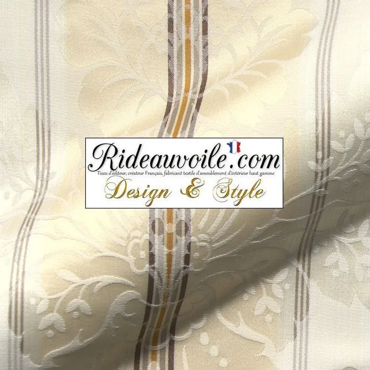 Tissu ignifuge ameublement Baroque floral rayé ivoire mètre rideau