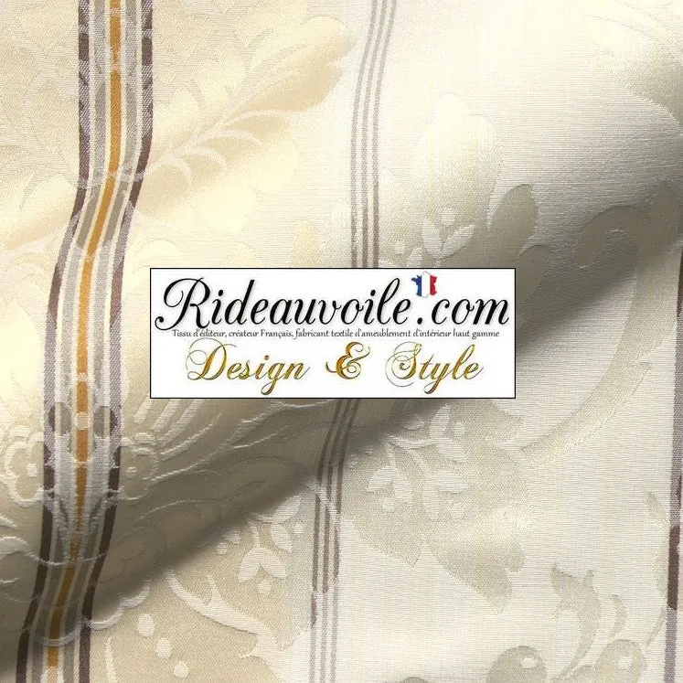 Tissu ignifuge ameublement Baroque floral rayé ivoire mètre rideau