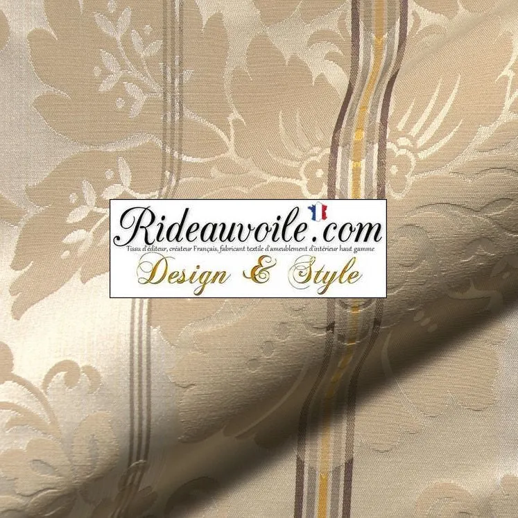 Tissu ignifuge ameublement Baroque beige rayé ivoire mètre rideau