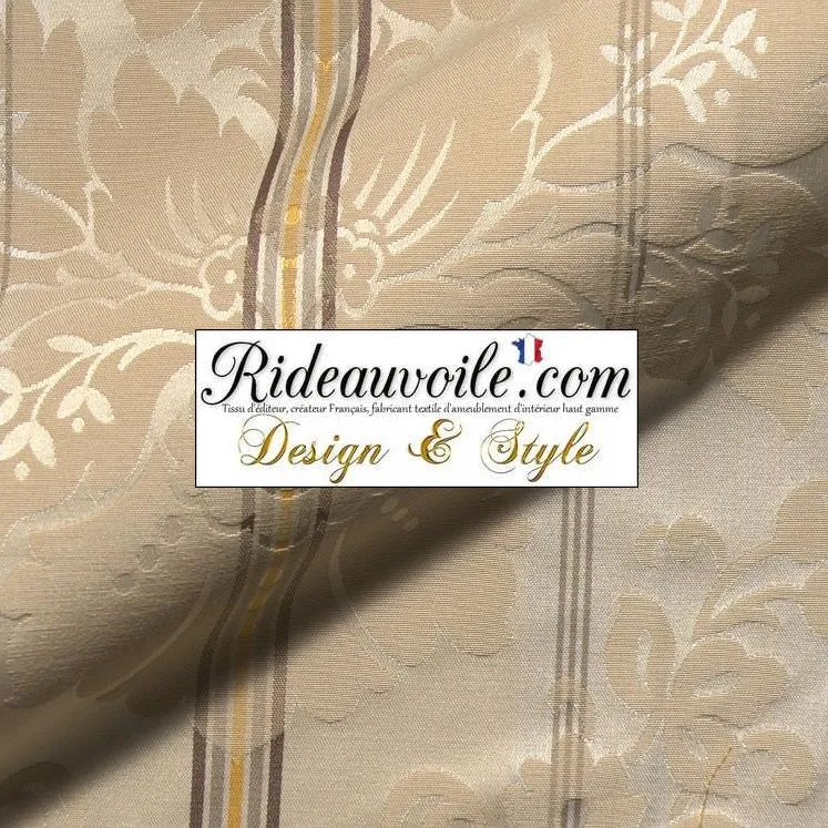 Tissu ignifuge ameublement Baroque beige rayé ivoire mètre rideau