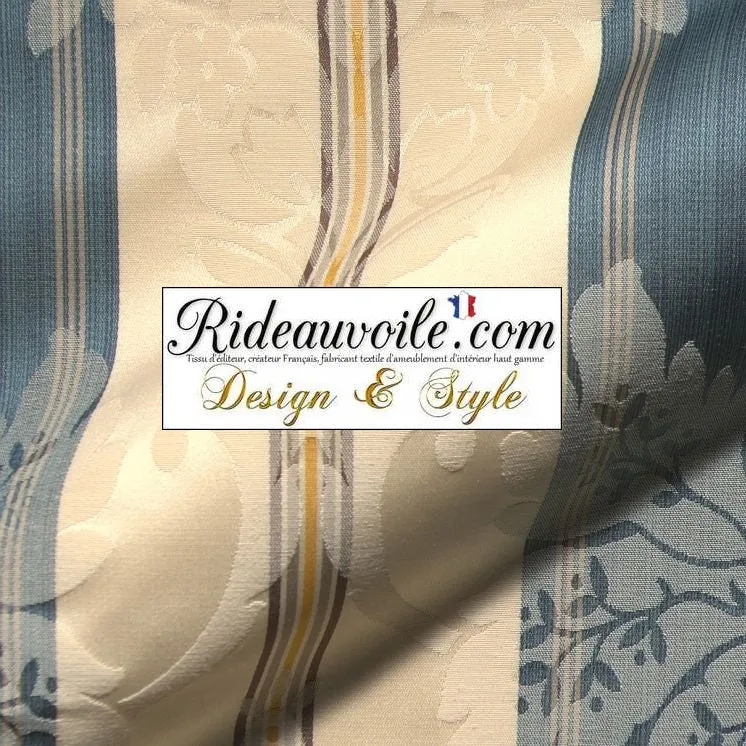 Tissu ignifuge Damassé ameublement Jacquard bleu rayé ivoire mètre rideau