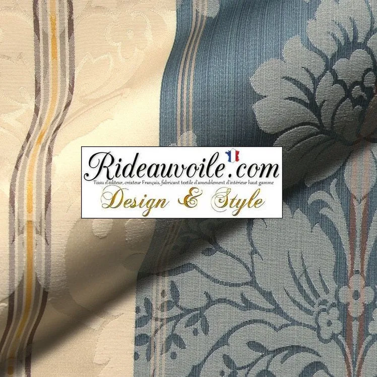 Tissu ignifuge Damassé ameublement Jacquard bleu rayé ivoire mètre rideau