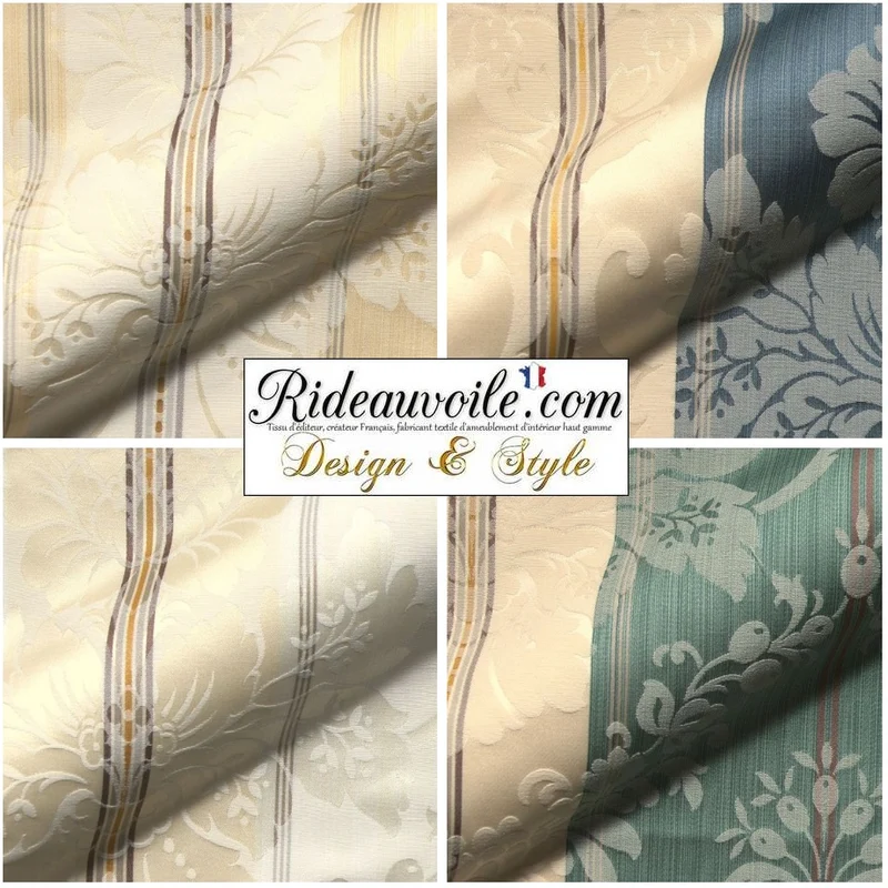 Tissu ignifuge Damassé ameublement Jacquard bleu rayé ivoire mètre rideau