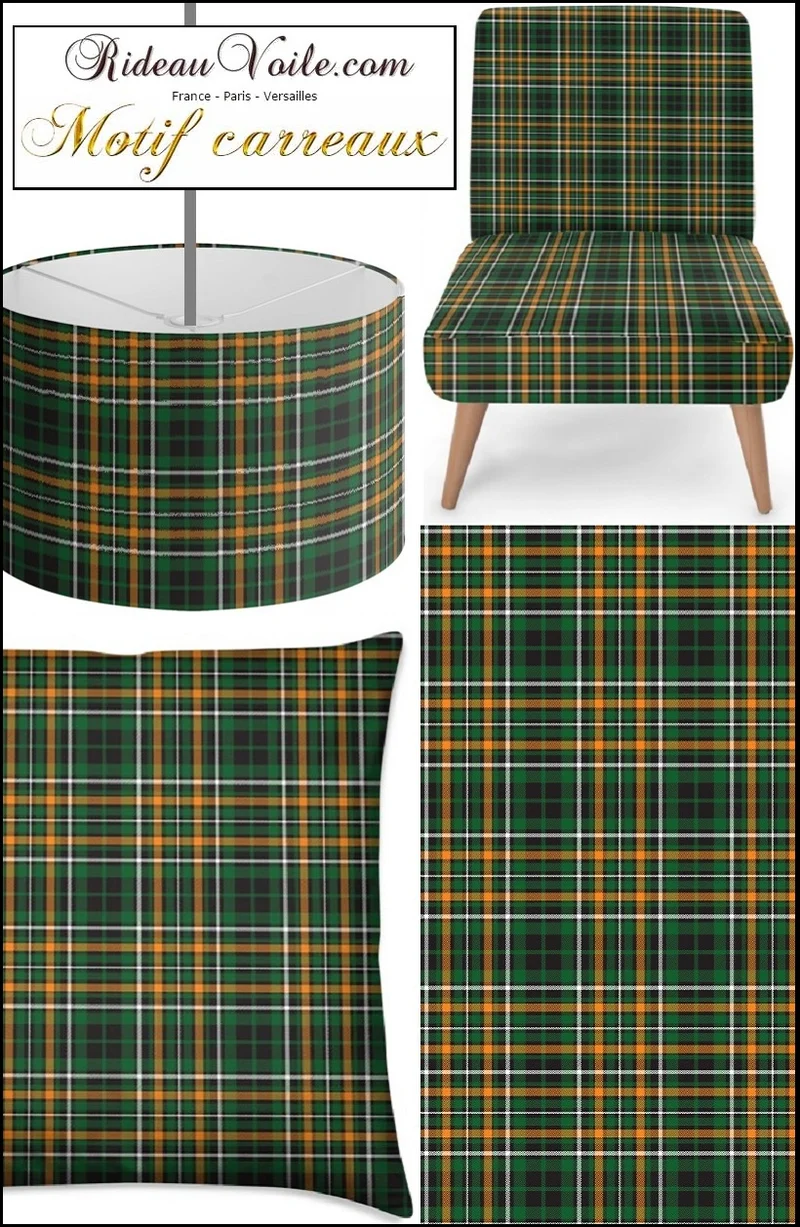 Tissu imprimé lainage carreaux tartan écossais vert sombre bleu rayé orange mètre