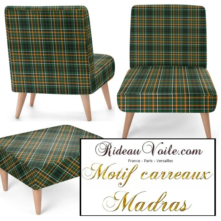 Tissu imprimé lainage carreaux tartan écossais vert sombre bleu rayé orange mètre