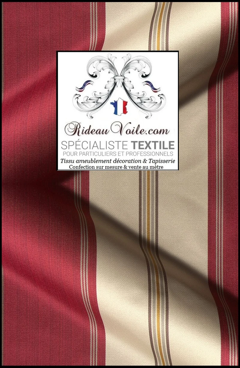 Tissu ameublement rayé anti feu M1 Damask ignifugé Damasco rouge rayures mètre