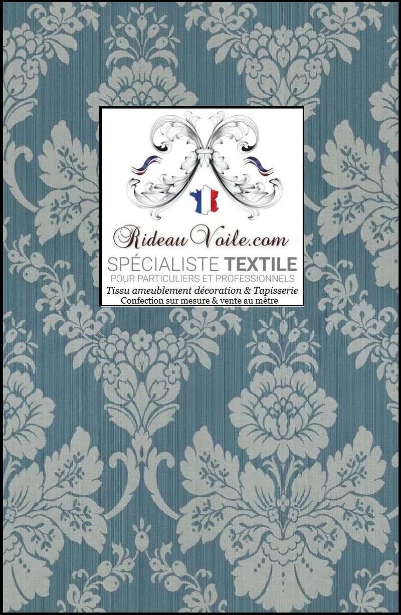 Tissu Damasco floral bleu ameublement ignifuge mètre rénovation hôtel restaurant