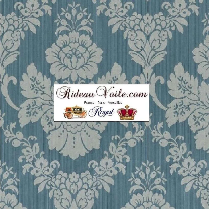 Tissu Damasco floral bleu ameublement ignifuge mètre rénovation hôtel restaurant