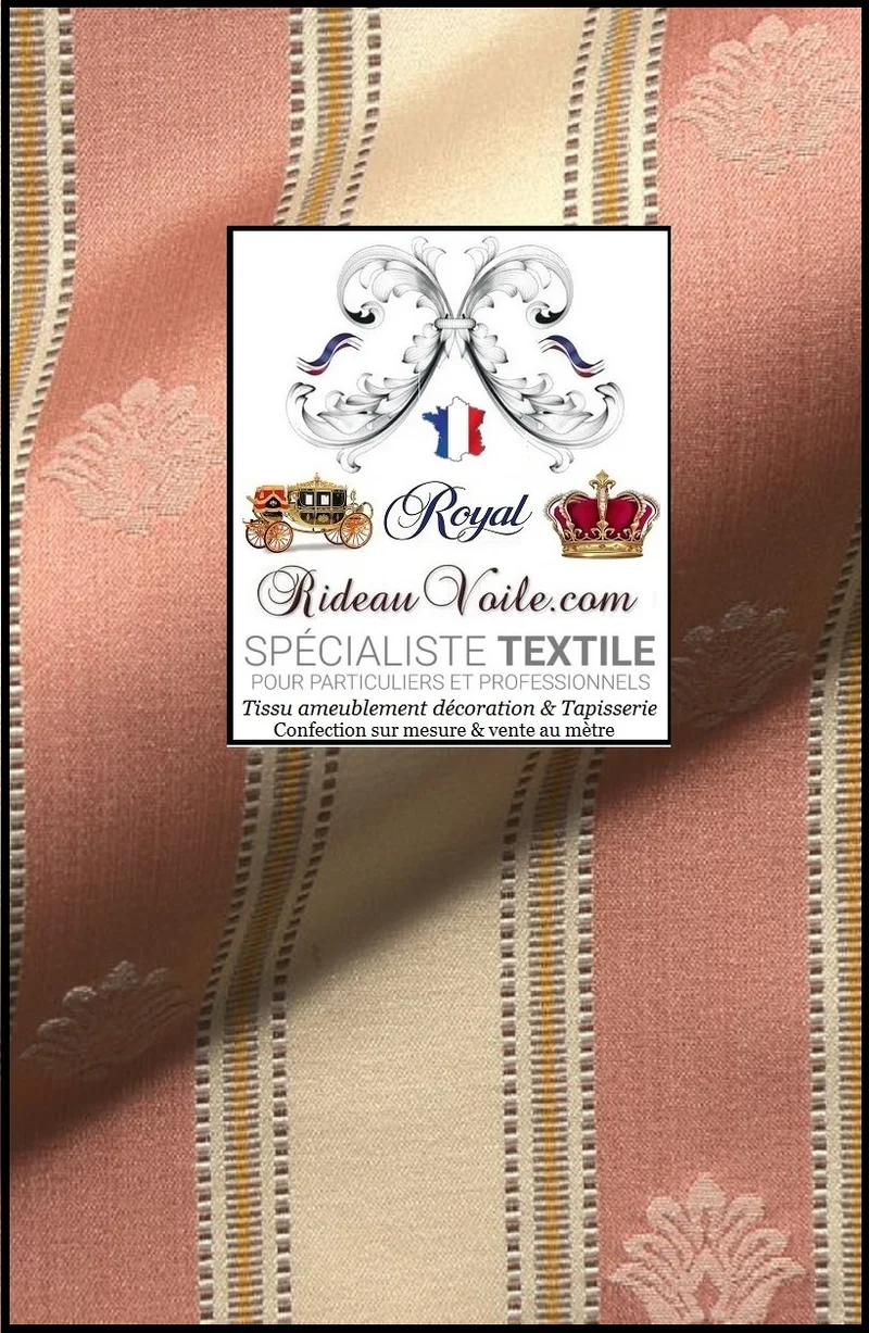 Tissu ignifuge Directoire vintage Jacquard ROSE empire rayé ivoire mètre rideau