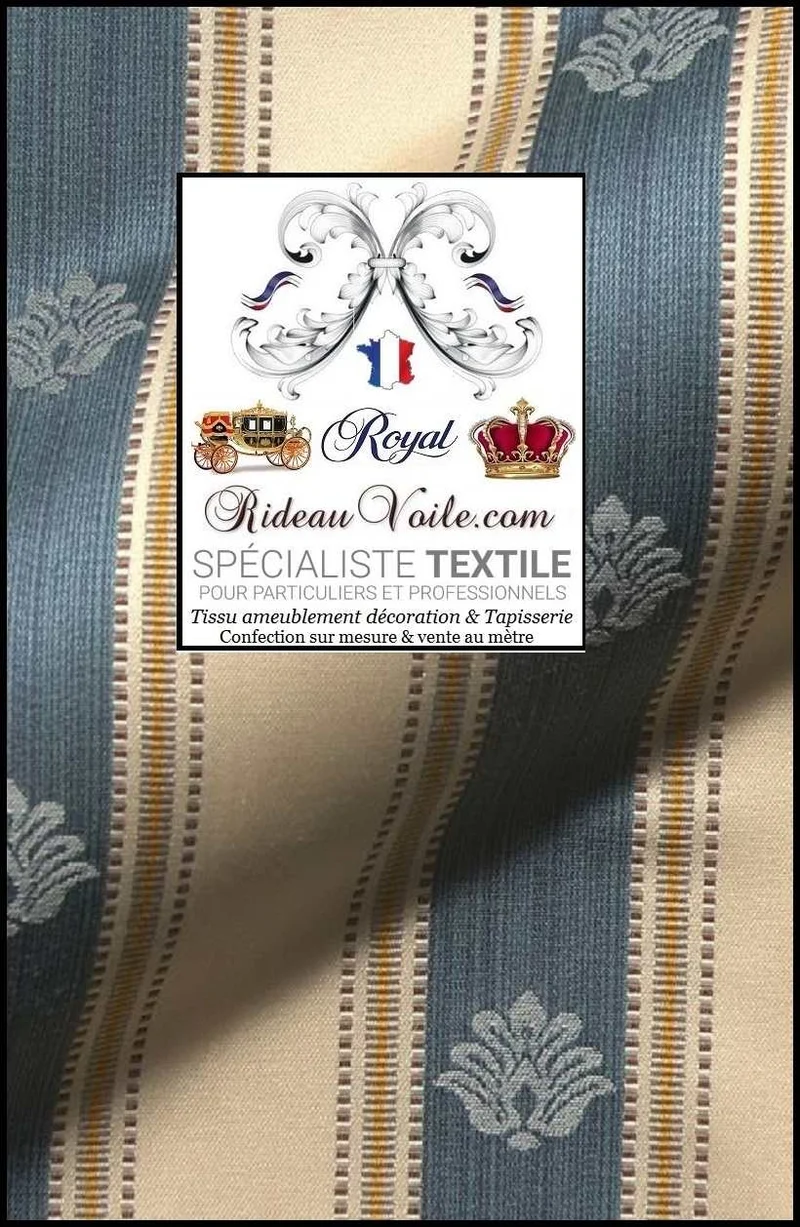 Tissu ignifuge Directoire ameublement Jacquard bleu rayé ivoire mètre rideau