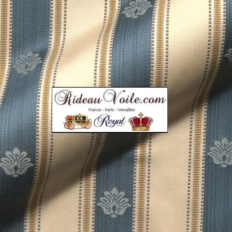 Tissu ignifuge Directoire ameublement Jacquard bleu rayé ivoire mètre rideau