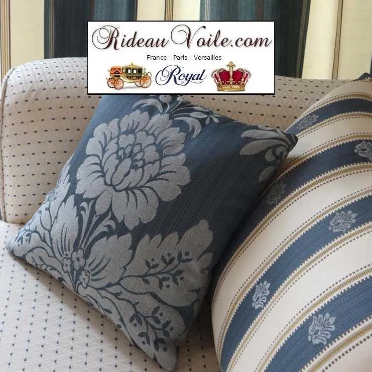 Tissu ignifuge Directoire ameublement Jacquard bleu rayé ivoire mètre rideau