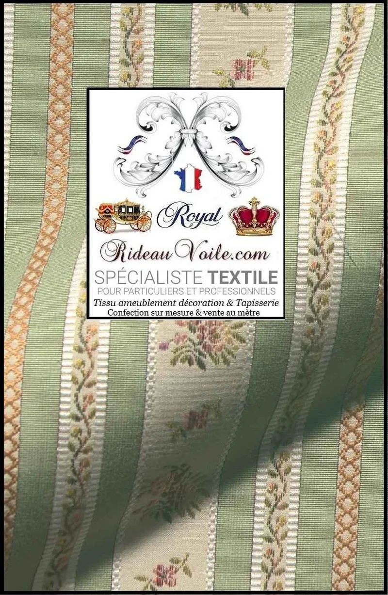 Tissu style Directoire ameublement Jacquard vert rayé fleurs mètre rideau