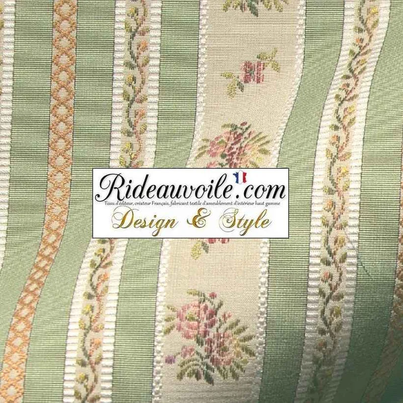 Tissu style Directoire ameublement Jacquard vert rayé fleurs mètre rideau