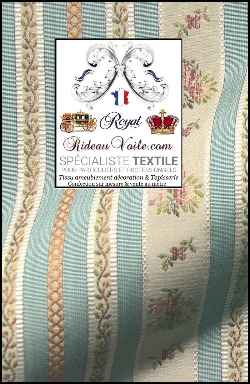 Tissu ameublement Directoire vintage satin rayé & fleur mètre rideau