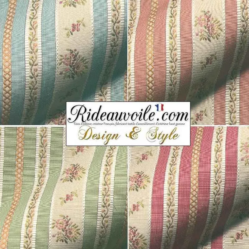 Tissu ameublement Directoire vintage satin rayé & fleur mètre rideau