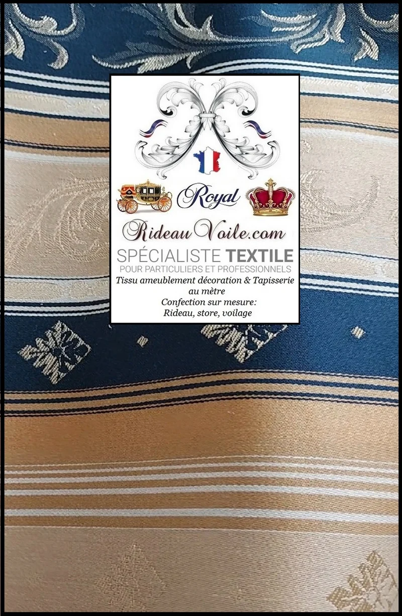 Tissu ameublement Paris déco Jacquard Baroque Or BLEU mètre rideau