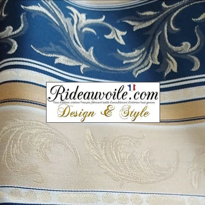 Tissu ameublement Paris déco Jacquard Baroque Or BLEU mètre rideau