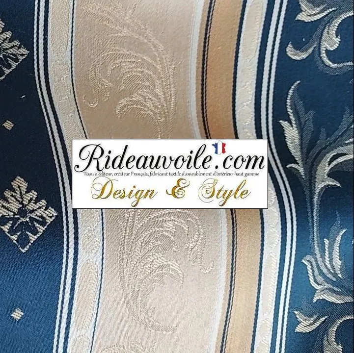Tissu ameublement Paris déco Jacquard Baroque Or BLEU mètre rideau