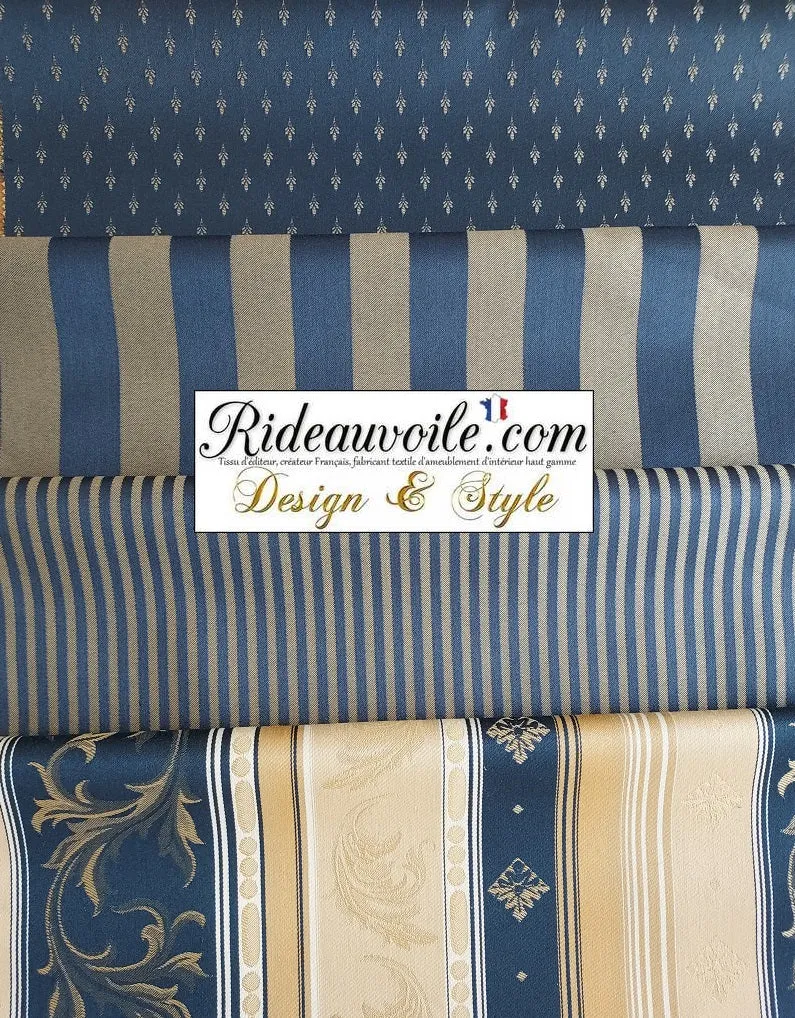 Tissu ameublement vintage Jacquard Baroque Or & bleu marine mètre rideau