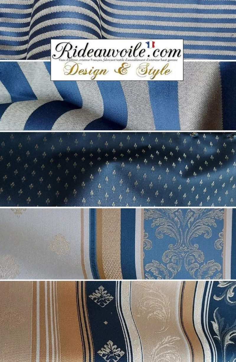 Tissu rayé ameublement au mètre Jacquard rayures LIGNE Or Bleu marine Baroque