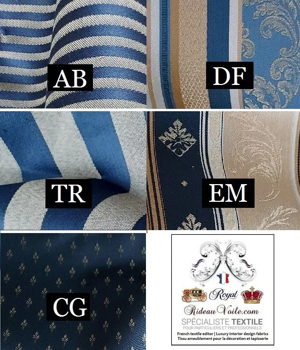 Tissu rayé ameublement au mètre Jacquard rayures LIGNE Or Bleu marine Baroque