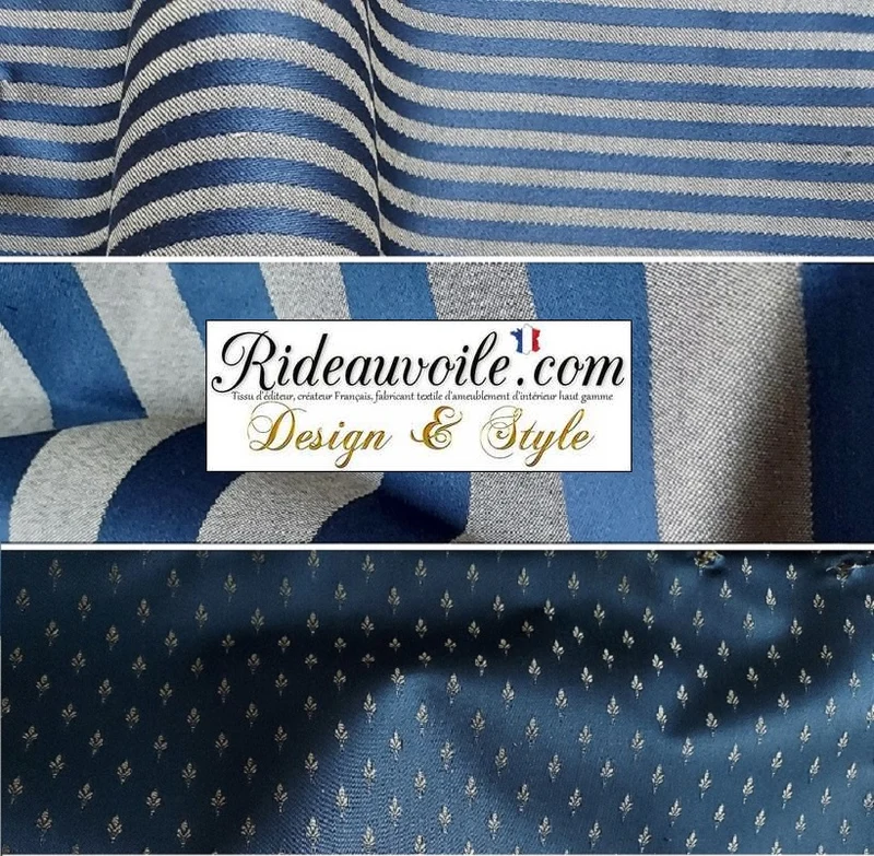 Tissu rayé ameublement au mètre Jacquard rayures LIGNE Or Bleu marine Baroque