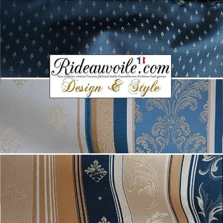 Tissu rayé ameublement au mètre Jacquard rayures LIGNE Or Bleu marine Baroque