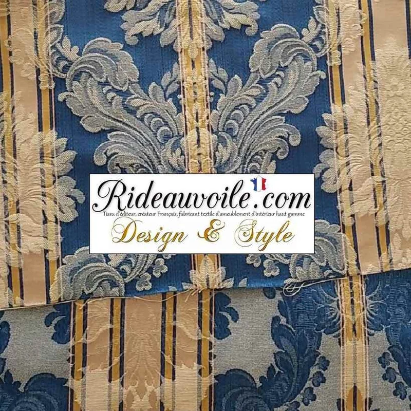 Jacquard Bleu damassé floral classique Or Gold tissu d'ameublement largeur 280 cm