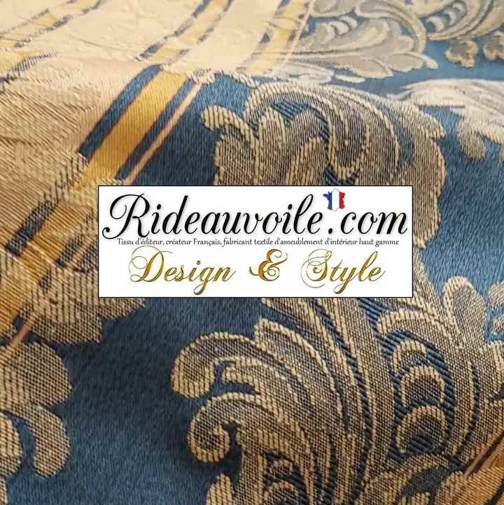 Jacquard Bleu damassé floral classique Or Gold tissu d'ameublement largeur 280 cm