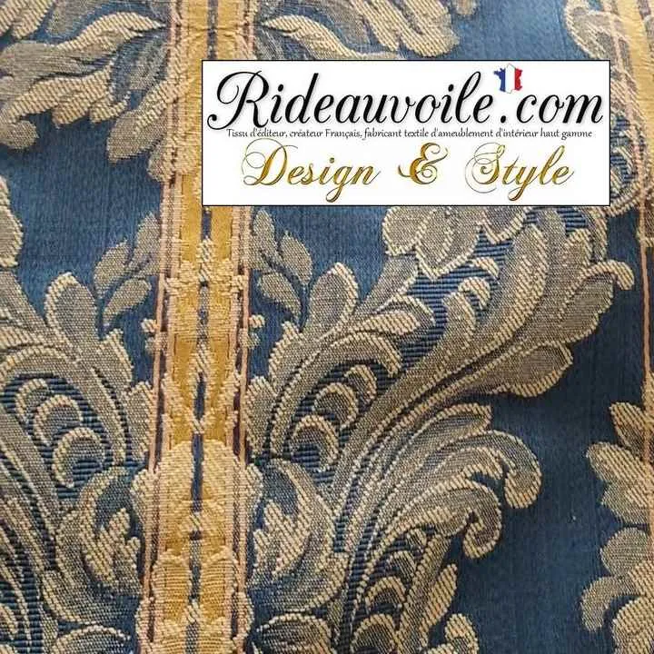 Jacquard Bleu damassé floral classique Or Gold tissu d'ameublement largeur 280 cm