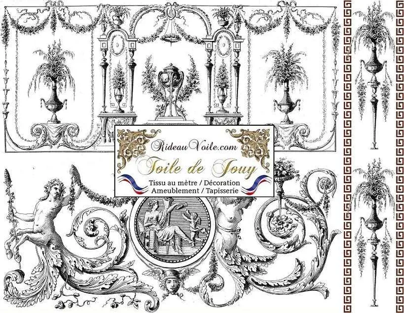 Boutique tissu ameublement Toile de Jouy imprimé ornement mètre rideau